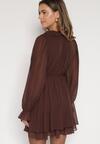Ciemnobrązowa Rozkloszowana Sukienka z Falbankami i Siateczkowymi Rękawami Zennisa