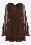 Ciemnobrązowa Rozkloszowana Sukienka z Falbankami i Siateczkowymi Rękawami Zennisa