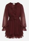Bordowa Rozkloszowana Sukienka z Falbankami i Siateczkowymi Rękawami Zennisa
