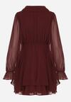 Bordowa Rozkloszowana Sukienka z Falbankami i Siateczkowymi Rękawami Zennisa