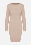 Beżowa Dopasowana Sukienka z Prążkowanej Dzianiny z Bawełną Tesmera