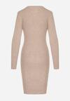 Beżowa Dopasowana Sukienka z Prążkowanej Dzianiny z Bawełną Tesmera