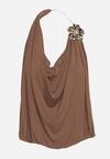 Brązowy Elegancki Top Halter Ozdobiony Łańcuszkiem i Kwiatową Broszką Idisara