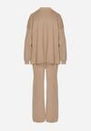 Beżowy Komplet z Wiskozą Ozdobiony Metaliczną Nicią Sweter z Półgolfem i Szerokie Spodnie Aresina