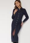 Granatowa Jeansowa Sukienka Koszulowa o Taliowanym Kroju Neveala