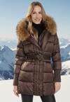 Brązowa Kurtka z Pikowanymi Przeszyciami Paskiem i Kapturem z Futrem Lidanessa
