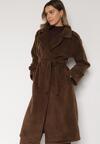 Brązowy Elegancki Płaszcz z Wiązanym Paskiem i Kieszeniami Nyredi