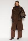 Brązowy Elegancki Płaszcz z Wiązanym Paskiem i Kieszeniami Nyredi