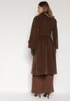 Brązowy Elegancki Płaszcz z Wiązanym Paskiem i Kieszeniami Nyredi