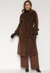 Brązowy Elegancki Płaszcz z Wiązanym Paskiem i Kieszeniami Nyredi