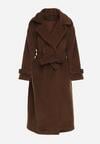 Brązowy Elegancki Płaszcz z Wiązanym Paskiem i Kieszeniami Nyredi