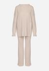 Jasnobeżowy Komplet z Bawełną i Wełną Sweter z Guzikami i Proste Spodnie Reisadia