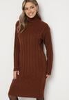 Brązowa Sweterkowa Sukienka z Golfem Wełną i Bawełną Ozdobiona Splotem Reiania