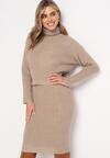 Ciemnobeżowy Komplet Dzianinowy z Wełną i Bawełną Golf i Dopasowana Sukienka Reilaia