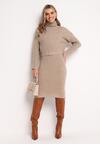 Ciemnobeżowy Komplet Dzianinowy z Wełną i Bawełną Golf i Dopasowana Sukienka Reilaia