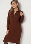 Brązowa Sweterkowa Sukienka Pudełkowa z Bawełną i Wełną Ozdobiona Suwakiem Reimia