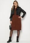 Brązowa Sweterkowa Sukienka Pudełkowa z Bawełną i Wełną Ozdobiona Suwakiem Reimia