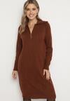 Brązowa Sweterkowa Sukienka Pudełkowa z Bawełną i Wełną Ozdobiona Suwakiem Reimia