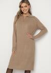 Beżowa Sweterkowa Sukienka Pudełkowa z Bawełną i Wełną Ozdobiona Suwakiem Reimia