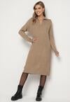 Beżowa Sweterkowa Sukienka Pudełkowa z Bawełną i Wełną Ozdobiona Suwakiem Reimia