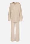 Beżowy Komplet z Wełną i Bawełną Szerokie Spodnie i Rozpinana Bluzka z Kapturem Reikania