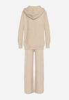 Beżowy Komplet z Wełną i Bawełną Szerokie Spodnie i Rozpinana Bluzka z Kapturem Reikania