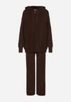 Brązowy Komplet z Wełną i Bawełną Szerokie Spodnie i Rozpinana Bluzka z Kapturem Reikania