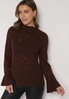 Brązowa Koronkowa Bluzka ze Stójką i Rozszerzanymi Rękawami Nefina