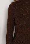 Brązowa Koronkowa Bluzka ze Stójką i Rozszerzanymi Rękawami Nefina
