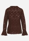 Brązowa Koronkowa Bluzka ze Stójką i Rozszerzanymi Rękawami Nefina