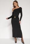 Czarna Sukienka z Wiskozą Wywiniętym Dekoltem Marszczeniem i Metaliczną Ozdobą Reillea