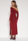 Bordowa Sukienka z Wiskozą Wywiniętym Dekoltem Marszczeniem i Metaliczną Ozdobą Reillea
