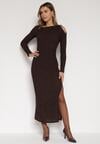 Brązowa Dopasowana Sukienka z Metaliczną Ozdobą na Ramieniu Reilara