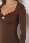 Brązowa Koktajlowa Sukienka z Wiskozą Ozdobiona Metalową Klamrą Refira