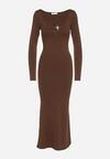 Brązowa Koktajlowa Sukienka z Wiskozą Ozdobiona Metalową Klamrą Refira