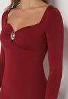 Bordowa Koktajlowa Sukienka z Wiskozą Ozdobiona Metalową Klamrą Refira