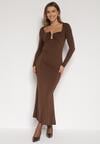 Brązowa Koktajlowa Sukienka z Wiskozą i Metaliczną Ozdobą Refare
