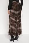 Brązowa Wiskozowa Spódnica z Wysokim Stanem w Kropki z Koronką Monivesa
