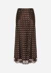 Brązowa Wiskozowa Spódnica z Wysokim Stanem w Kropki z Koronką Monivesa
