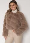 Ciemnobeżowa Krótka Kurtka z Futerkiem na Haftki Loreinda
