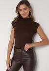 Brązowy Marszczony Top z Bawełny i Wiskozy z Półgolfem Zetalia
