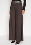 Brązowe Bawełniane Szerokie Spodnie Garniturowe z Wysokim Stanem i Paskiem Tusamia