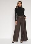 Brązowe Bawełniane Szerokie Spodnie Garniturowe z Wysokim Stanem i Paskiem Tusamia