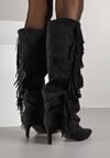 Czarne Marszczone Kozaki z Imitacji Zamszu na Niskiej Szpilce z Frędzlami Linonra