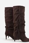 Brązowe Marszczone Kozaki z Imitacji Zamszu na Niskiej Szpilce z Frędzlami Linonra
