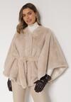 Beżowe Ponczo z Futerkiem i Wiązanym Paskiem Monalena