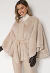 Beżowe Ponczo z Futerkiem i Wiązanym Paskiem Monalena