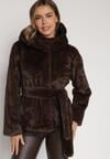 Brązowa Kurtka Futerko z Kapturem i Wiązanym Paskiem Zetara