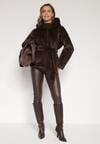 Brązowa Kurtka Futerko z Kapturem i Wiązanym Paskiem Zetara