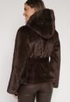 Brązowa Kurtka Futerko z Kapturem i Wiązanym Paskiem Zetara